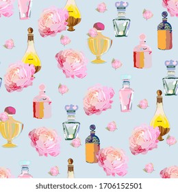 Vintage perfume bottles and large inflorescences of rose flowers on a light blue background. Hand-drawn seamless vector pattern. Design for fabric, cards and wallpapers. EPS 10