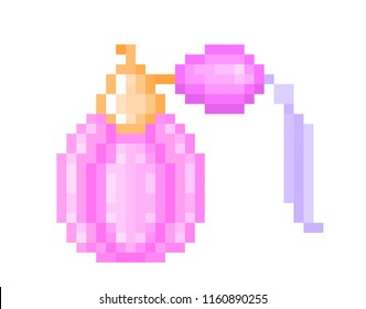 Vintage perfume in a pink glass bottle with tassel, pixel art illustration isolated on white. Beauty product, body spray. Eau de toilette, eau de cologne symbol. Cosmetics shop, fragrance store logo.