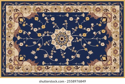 Vintage Persian Carpet Vector with floral motifs in luxury blue navy tones. Perfect for decor, wallpapers,textiles, this design blends traditional elegance with versatility for timeless sophisticat