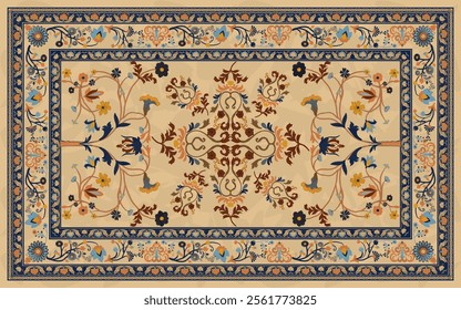 Vintage Persian Carpet Vector with floral motifs in gold and brown tones. Perfect for decor, wallpapers, and textiles, this design blends traditional elegance with versatility for timeless sophisticat