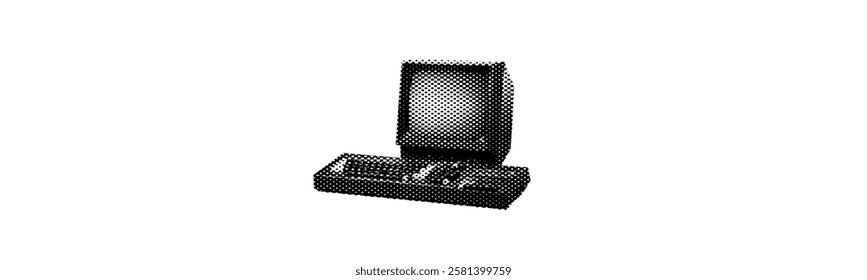 vintage personal computer from 1980s isolated on white background with monitor dark screen keyboard retro halftone grunge dotted vector cutout collage element for mixed media technology design