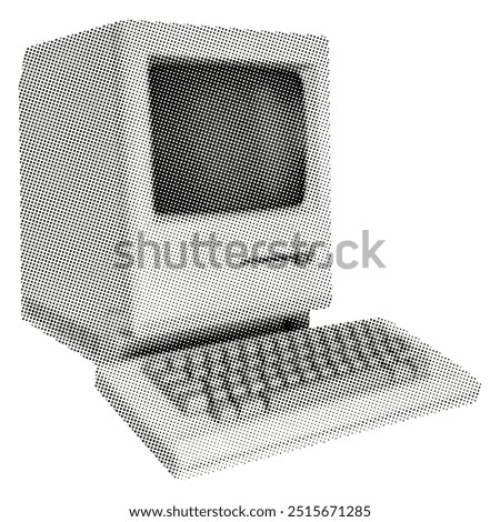 vintage personal computer from 1980s isolated on white background with monitor dark screen keyboard retro halftone grunge dotted vector cutout collage element for mixed media technology design