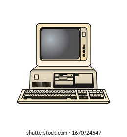 Vintage Personal Computer With Keyboard And Mouse Isolated On White. Vector Illustration In EPS10