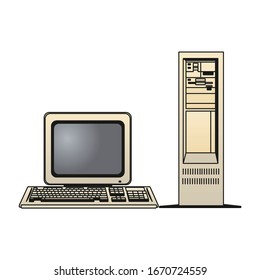 Vintage personal computer with keyboard and mouse isolated on white. Vector illustration in EPS10