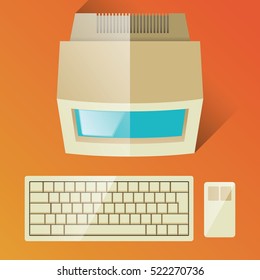 Vintage personal computer with keyboard and mouse. Vector illustration.