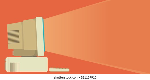 Vintage personal computer with keyboard. Side view. Vector illustration