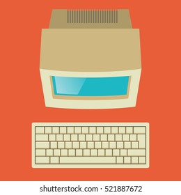 Vintage personal computer with keyboard. Top view. Vector illustration
