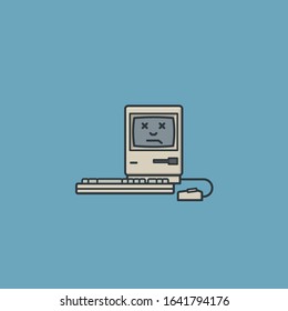 Vintage personal computer not working, dead face on screen, vector illustration for Old Stuff Day on March 2nd. System crash symbol.