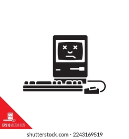 Computadora personal vintage que no funciona, cara muerta en pantalla, icono de glifo vector. Símbolo de bloqueo del sistema.