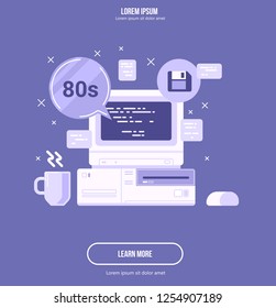 Vintage Personal Computer, Old PC with display. Flat vector illustration.