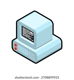 Unidad de computadora personal Antiguas en estilo plano isométrico 3D. Representa una antigua torre de procesador, tecnología retro e historia informática.