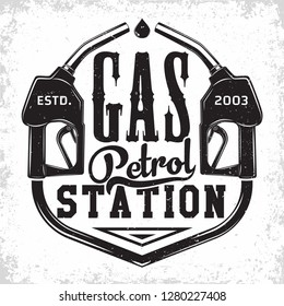 Vintage Petrol station logo design, emblem of gasoline station, Gas or diesel filling station typographyv emblem, print stamps with easy removable grange, Vector