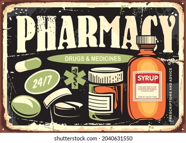 Vintage pharmacy sign with various medicines, drugs, pills and syrups. Apothecary retro sign design template. Pharmacy and medical vector illustration.