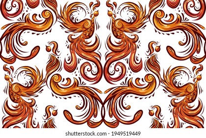 Vintage phoenix seamless pattern with curls and feathers. Wallpaper of orange birds with tails and wings on a white background. Bird damask fabric.