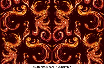 Vintage phoenix seamless pattern with curls and feathers. Wallpaper of orange birds with tails and wings on dark burgundy background. Bird damask fabric.