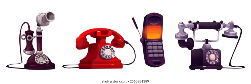 Vintage phone cartoon collection. Retro telecommunication devices - historic candlestick model, classic red rotary appliance, early flip mobile handset, antique desktop telephone. Call equipment.