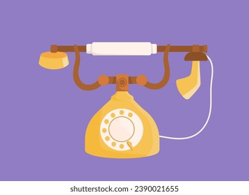 Vintage phone concept. Old style equipment for distance communication. Back to 20 century. Retro object. Poster or banner. Cartoon flat vector illustration isolated on violet background