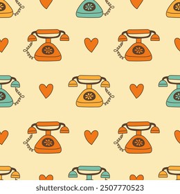 Vintage Phone Doodle Seamless Pattern. Coquette retro Telephone with Heart Shapes. Repeat vector illustration.