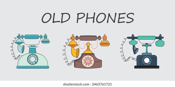 Vintage Phone Icons: Retro, Antique, Classic, Rotary, Telephone, Old-fashioned, Historical, Communication, Nostalgia with editable stroke.