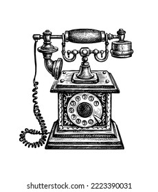 Vintage phone. Ink sketch isolated on white background. Hand drawn vector illustration. Retro style.