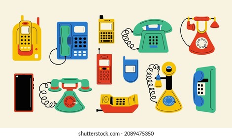 vintage phones. Abstract cartoon telephone with spiral cords in retro style, old devices with number pad dials and headphones. Vector set