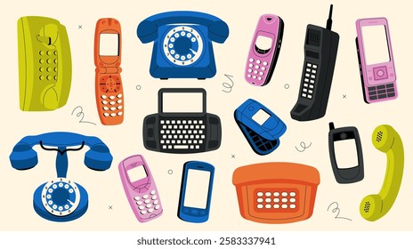 Vintage phones. Cartoon retro telephone devices and cell phones, antique wired dial communication equipment, old phone icons flat style. Vector isolated phones collection.