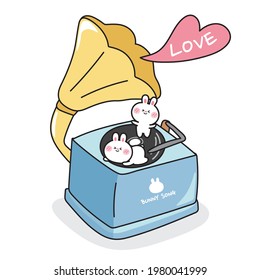 Vintage phonograph with cute rabbit cartoon on white background.Animal character design.Isolated.Image for card,Kid product,wallpaper.Art.Graphic.Music.Song.Kawaii.Vector.Illustration.Illustrator.