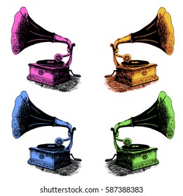 Vintage phonographs, hand drawn vector illustration