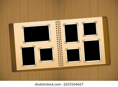 Vintage photo album mockup with empty black photo placeholders on an open spiral-bound scrapbook. The album lies on a wooden surface, showcasing a nostalgic design with beige pages, corner photo mount