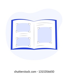 Vintage photo album with photos, photo set with photo frames, portfolio, catalog, photo directory, book with pictures. Flat line outline isolated vector illustration on white.