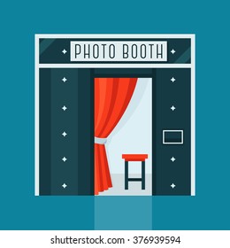 Vintage Photo Booth Machine With Red Curtain And Chair