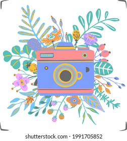 vintage photo camera decorated with twigs flowers leaves vector illustration