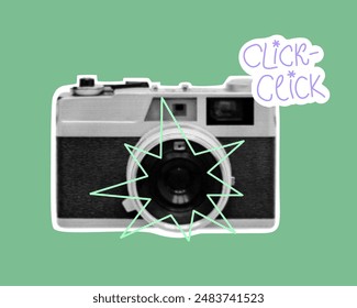 Vintage photo camera halftone vector illustration. Cutout collage element with flash and text click. Social media and trendy banner template. Memories concept