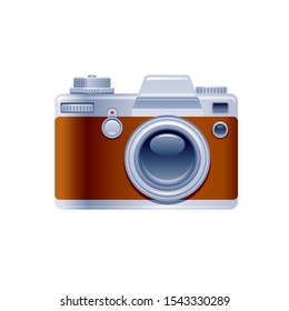 Vintage photo camera icon. Cartoon retro camera, photographer symbol. 3d realistic vector illustration isolated on white background.