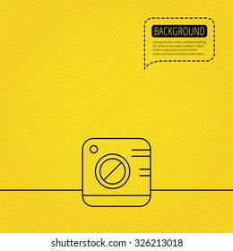 Vintage photo camera icon. Photography sign. Professional equipment symbol. Speech bubble of dotted line. Orange background. Vector