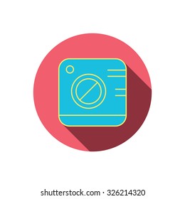 Vintage photo camera icon. Photography sign. Professional equipment symbol. Red flat circle button. Linear icon with shadow. Vector