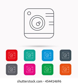 Vintage photo camera icon. Photography sign. Professional studio equipment symbol. Linear icons in squares on white background. Flat web symbols. Vector