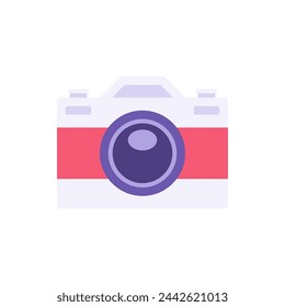 Vintage photo camera with lens decorative design vector flat illustration. Old retro electronic equipment for making picture, photographing, taking photo isolated. Travel, photographer