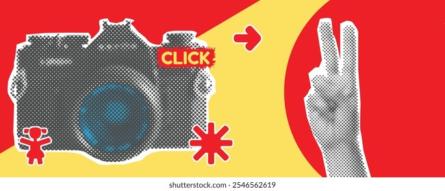 Vintage photo camera on red and yellow background. Social Media. Trendy halftone style. Collage design in trendy retro 90s magazine style.