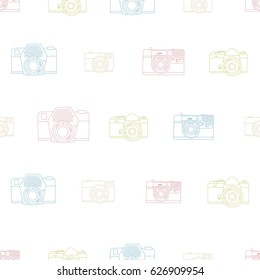Vintage photo camera pattern. Multicolored line on white background. Vector seamless background. Ready for printing on textile and other seamless design. 