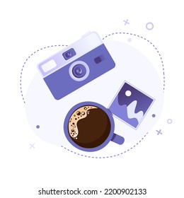 Vintage Photo camera with pictures and coffee mug. Instant photo camera with photos and cup of coffee in flat style on abstract background. For banner, website, social media, app, flyer and stickers