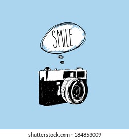 Vintage photo camera says 'SMILE' vector design