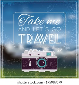 Vintage photo camera with soft blurry background and quote