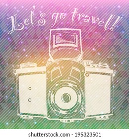 Vintage photo camera with soft blurry background and quote: Let's go Travel. Vector.