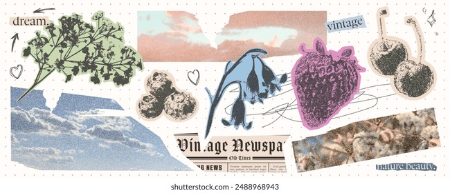 Vintage photo collage. Kit ellements for scrapbooking. Sky cutouts, newspaper, fruit and flower stickers with grunge texture. Retro old design.