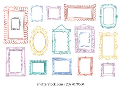 Vintage photo frame in doodle style. Vector hand drawn set with picture frames