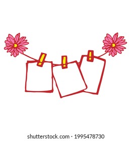Vintage Photo Frame: Explore this stock vector featuring a hanging photo frame with clothespin string and delicate pink flowers, creating a nostalgic and charming illustration. Perfect for vintage Art