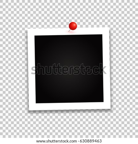 Vintage photo frame with red pin on transparent background. Vector.