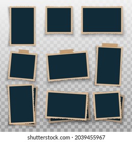 Vintage photo frame with retro figured edges on piece of sticky and placed one over another. Template photo design. Old photo cards set isolated on transparent background. Vector illustration