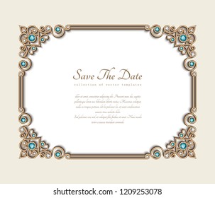 Vintage photo frame, save the date card with jewellery corner patterns, vector jewelry gold decoration with diamonds and emerald gems, wedding invitation template with place for text